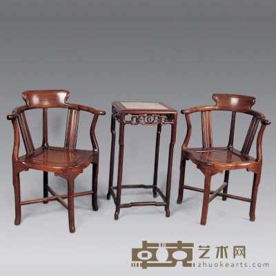 清 老红木二椅一几 长60cm高80cm；长36cm宽36cm高7